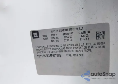 2015 Chevrolet Malibu Ls z USA, uszkodzony, nr VIN 1G11B5SL3FF207905